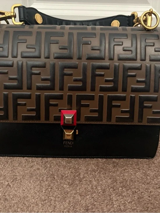 Fendi Black & Brown Embossed FF Leather Messenger Bag with Red Accent - Picture 2 of 7